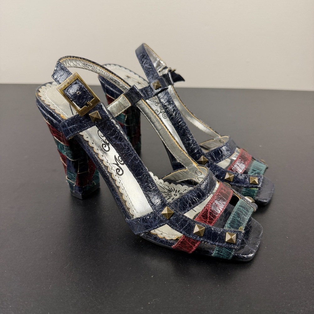 Naughty Monkey Slingback Block Heels Women's 6 Blue Leather Studded Straps Y2K